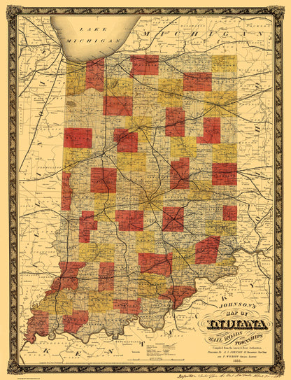 Historic State Map - Indiana - Johnson 1858 - 23 x 30 - Vintage Wall Art