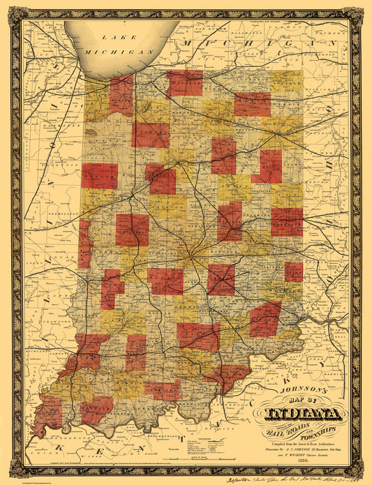 Historic State Map - Indiana - Johnson 1858 - 23 x 30 - Vintage Wall Art