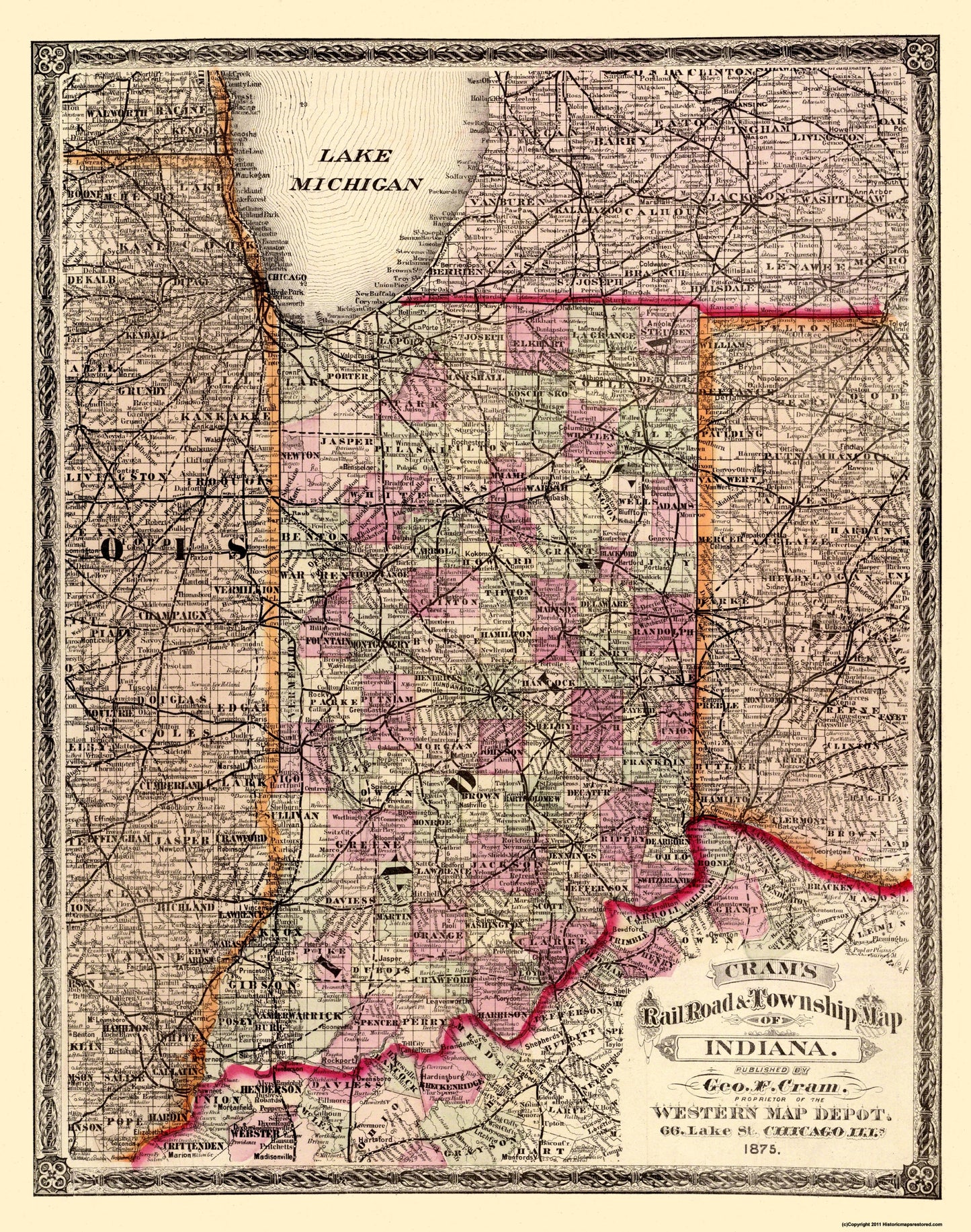 Historic State Map - Indiana - Cram 1875 - 23 x 29.19 - Vintage Wall Art