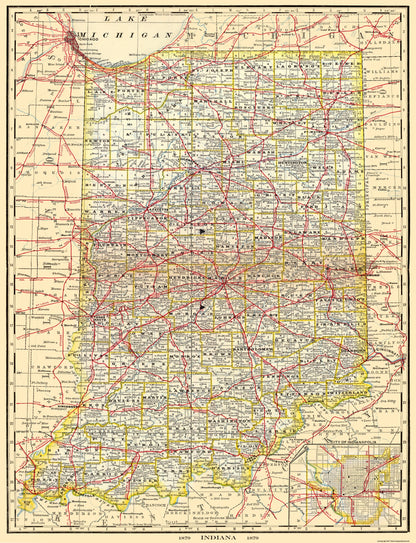 Railroad Map - Indiana Railroads - 1879 - 23 x 30 - Vintage Wall Art