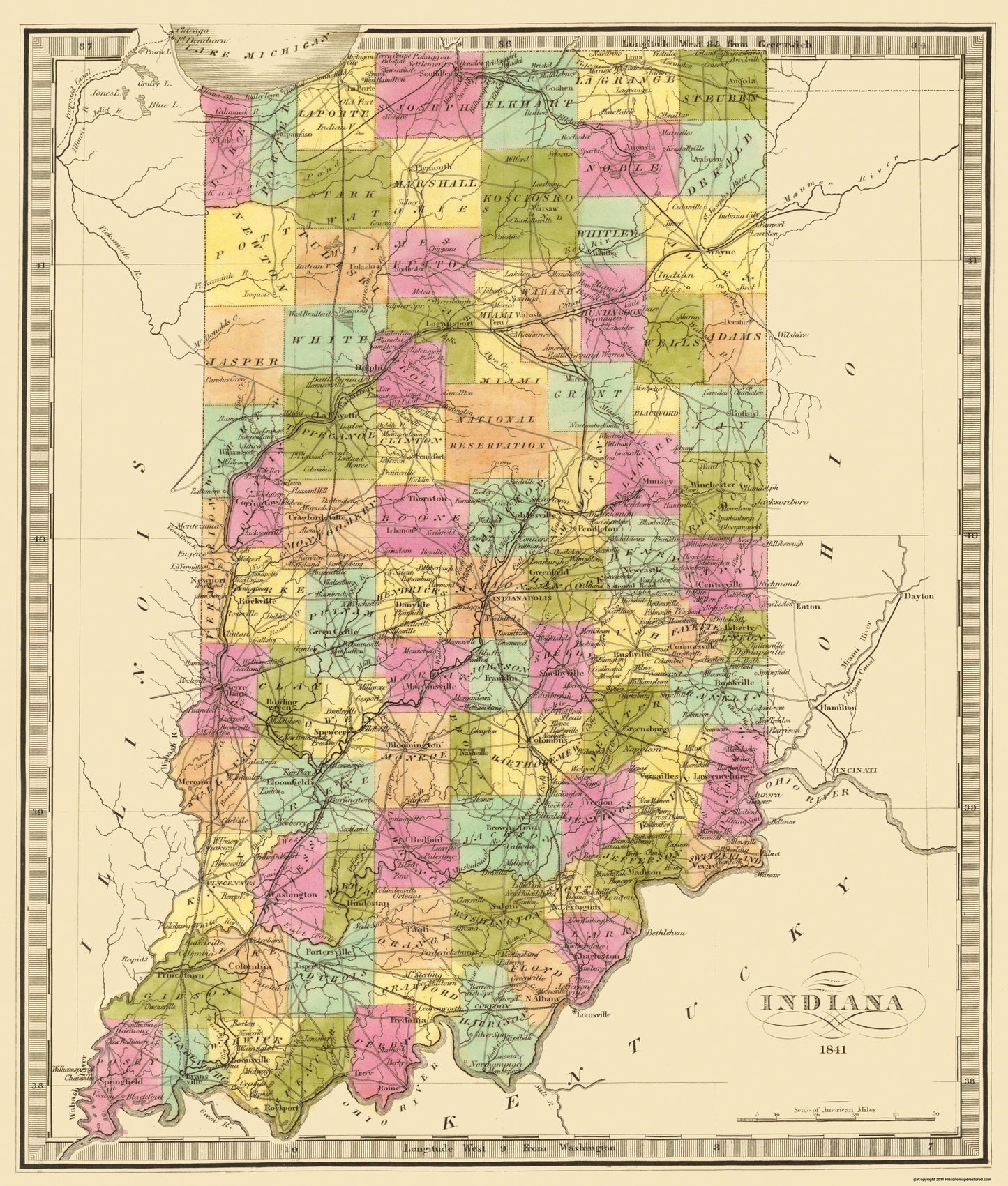 Historic State Map - Indiana - 1841 - 23 x 27.06 - Vintage Wall Art