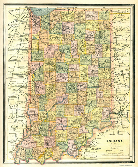 Historic State Map - Indiana - Cram 1886 - 23 x 27.80 - Vintage Wall Art