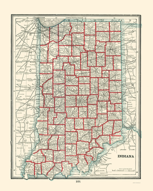 Historic State Map - Indiana - Rathbun 1893 - 23 x 28.68 - Vintage Wall Art