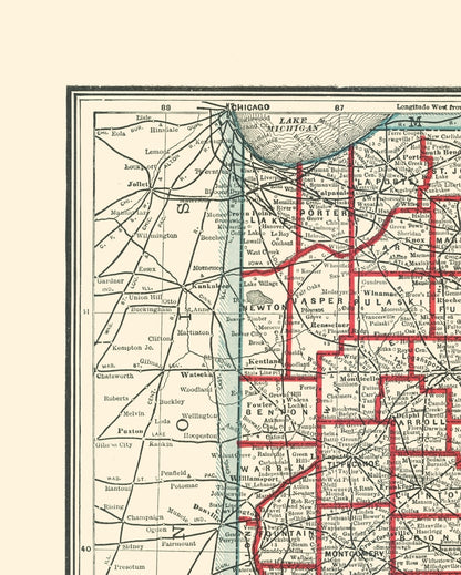 Historic State Map - Indiana - Rathbun 1893 - 23 x 28.68 - Vintage Wall Art