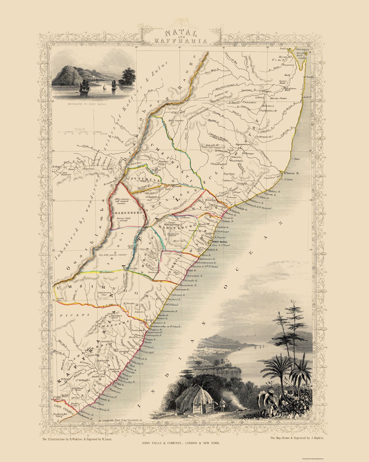 Historic Map - Natal Kaffraria South Africa - Tallis 1851 - 23 x 28.83 - Vintage Wall Art