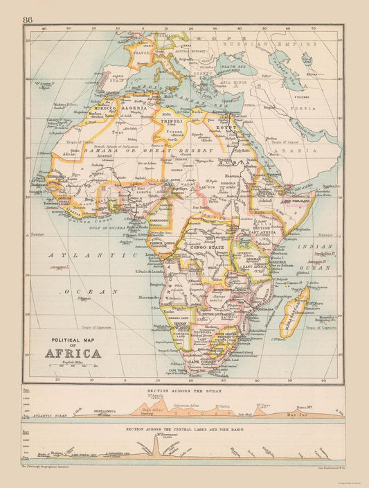 Historic Map - Africa Political - Bartholomew 1892 - Vintage Wall Art