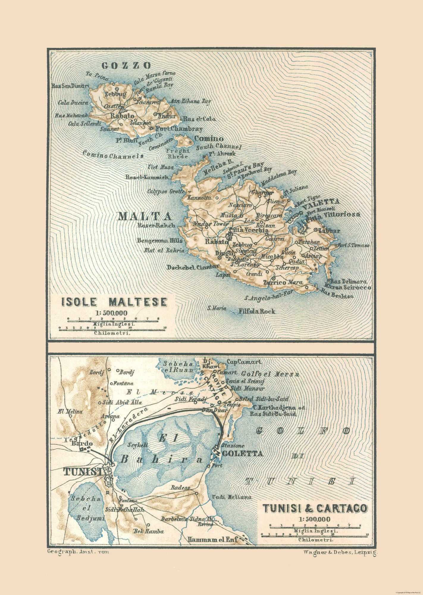 Historic Map - Malta Tunisia Carthage - Baedeker 1880 - 23 x 32.35 - Vintage Wall Art