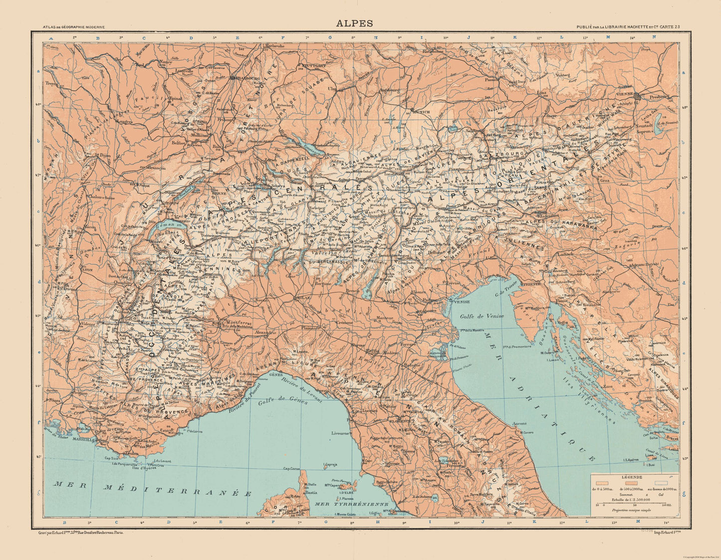 Historic Map - Alps Europe - Schrader 1908 - 29.59 x 23 - Vintage Wall Art