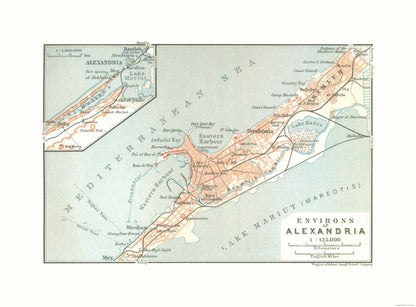 Historic Map - Alexandria Egypt Environs - Baedeker 1913 - 31.20 x 23 - Vintage Wall Art