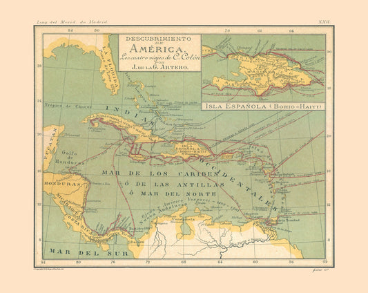 Historic Map - America Discovery - Artero 1879 - 28.94 x 23 - Vintage Wall Art
