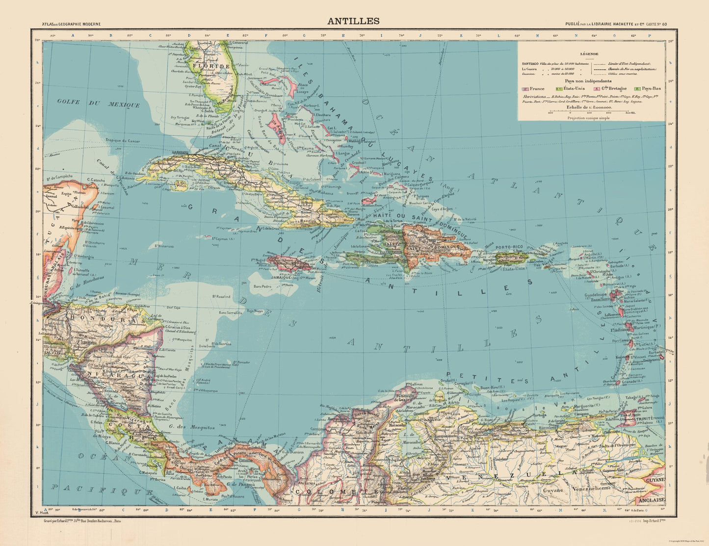 Historic Map - Central America Caribbean - Schrader 1908 - 29.88 x 23 - Vintage Wall Art