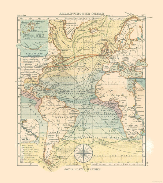 Historic Nautical Map - Atlantic Ocean - Perthes 1914 - 23 x 25.89 - Vintage Wall Art