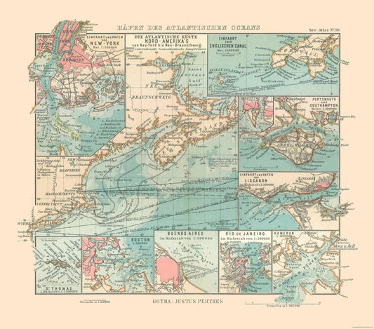 Historic Nautical Map - Atlantic Ocean Ports - Perthes 1914 - 26.16 x 23 - Vintage Wall Art