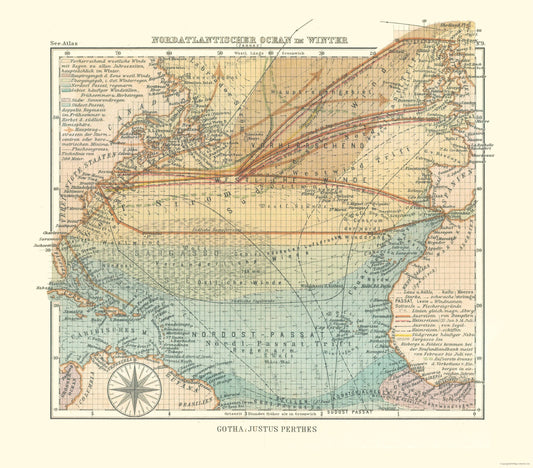 Historic Nautical Map - North Atlantic Ocean in Winter - Perthes 1914 - 26.20 x 23 - Vintage Wall Art