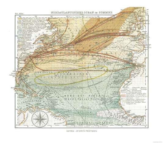 Historic Nautical Map - North Atlantic Ocean in Summer - Perthes 1914 - 26.17 x 23 - Vintage Wall Art