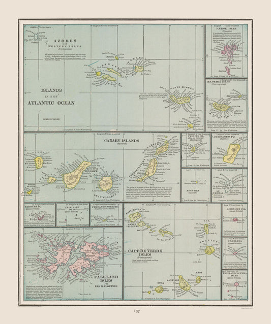 Historic Nautical Map - Atlantic Ocean Islands - Cram 1892 - 23 x 27.51 - Vintage Wall Art