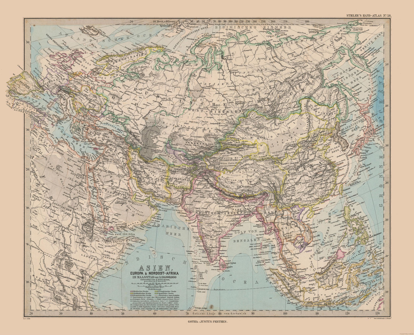 Historic Map - Asia - Stieler  1885 - 28.42 x 23 - Vintage Wall Art