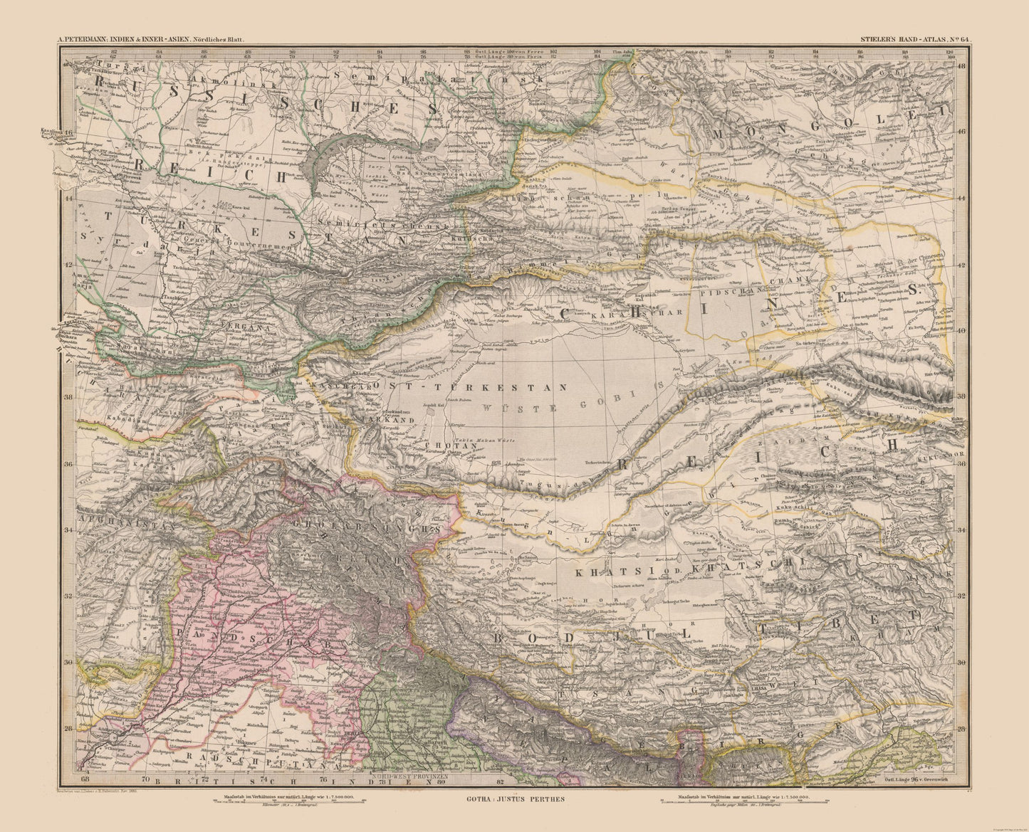 Historic Map - Central Asia - Stieler 1885 - 28.44 x 23 - Vintage Wall Art