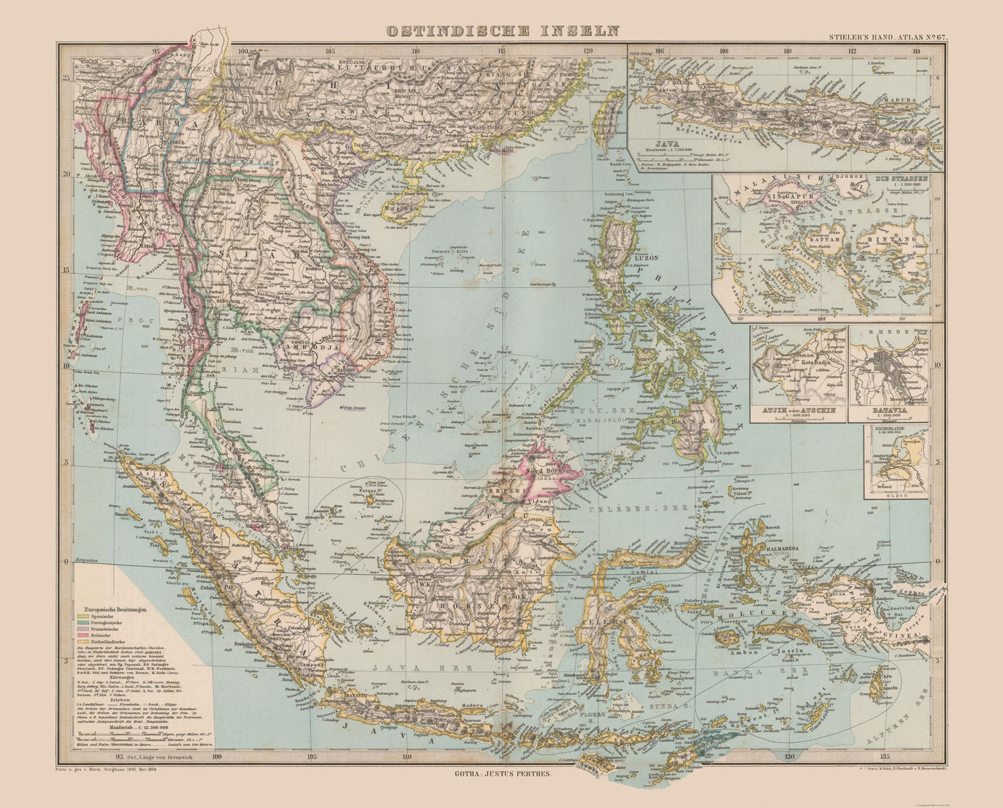 Historic Map - Asia Southeast - Stieler  1885 - 27.68 x 23 - Vintage Wall Art