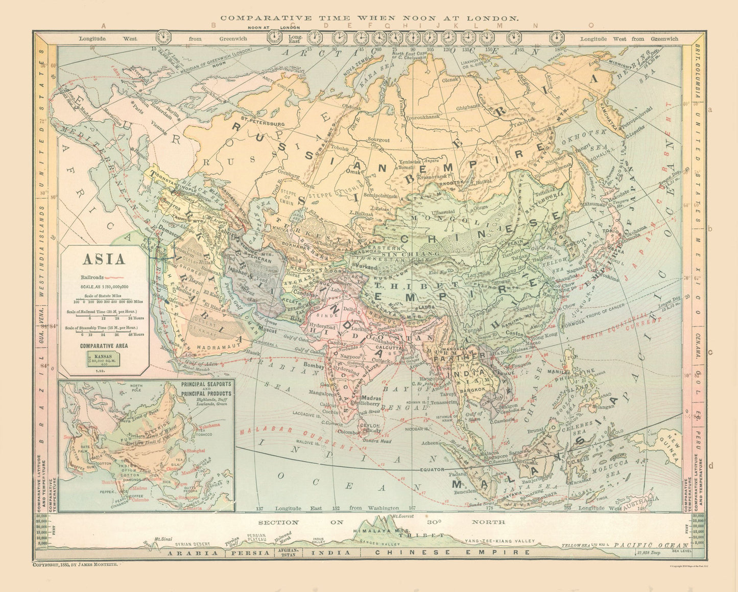 Historic Map - Asia Elevation - Monteith 1882 - 28.68 x 23 - Vintage Wall Art