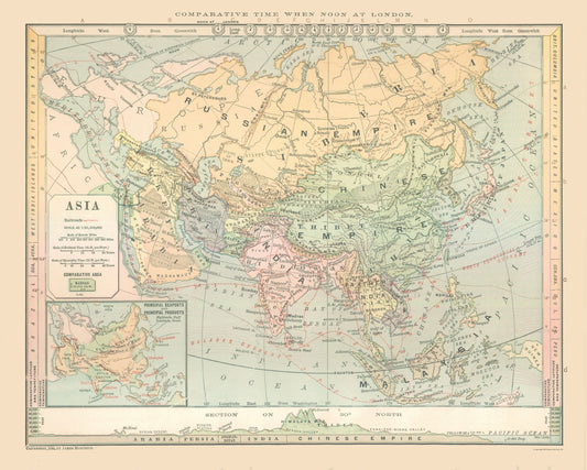 Historic Map - Asia Elevation - Monteith 1882 - 28.68 x 23 - Vintage Wall Art