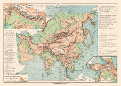 Historic Map - Asia Physical Terrain Floor - Drioux 1882 - 32.34 x 23 - Vintage Wall Art