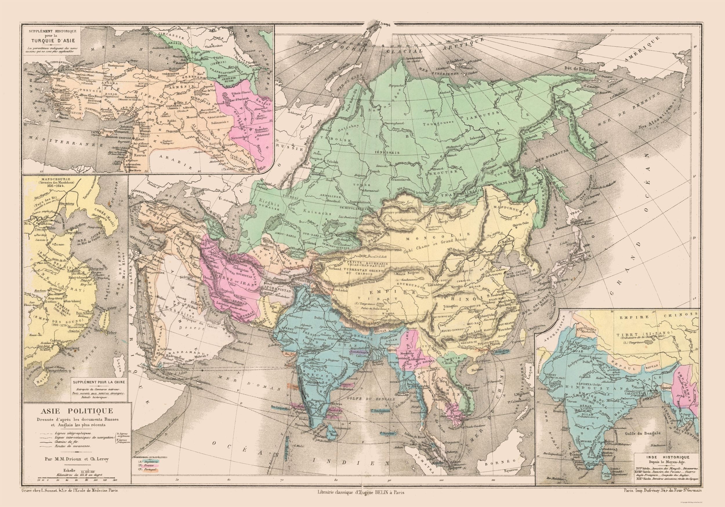 Asia History Map Historic Map - Asia Political - Drioux 1882 - 32.86 x 23 - Vintage Wal ...