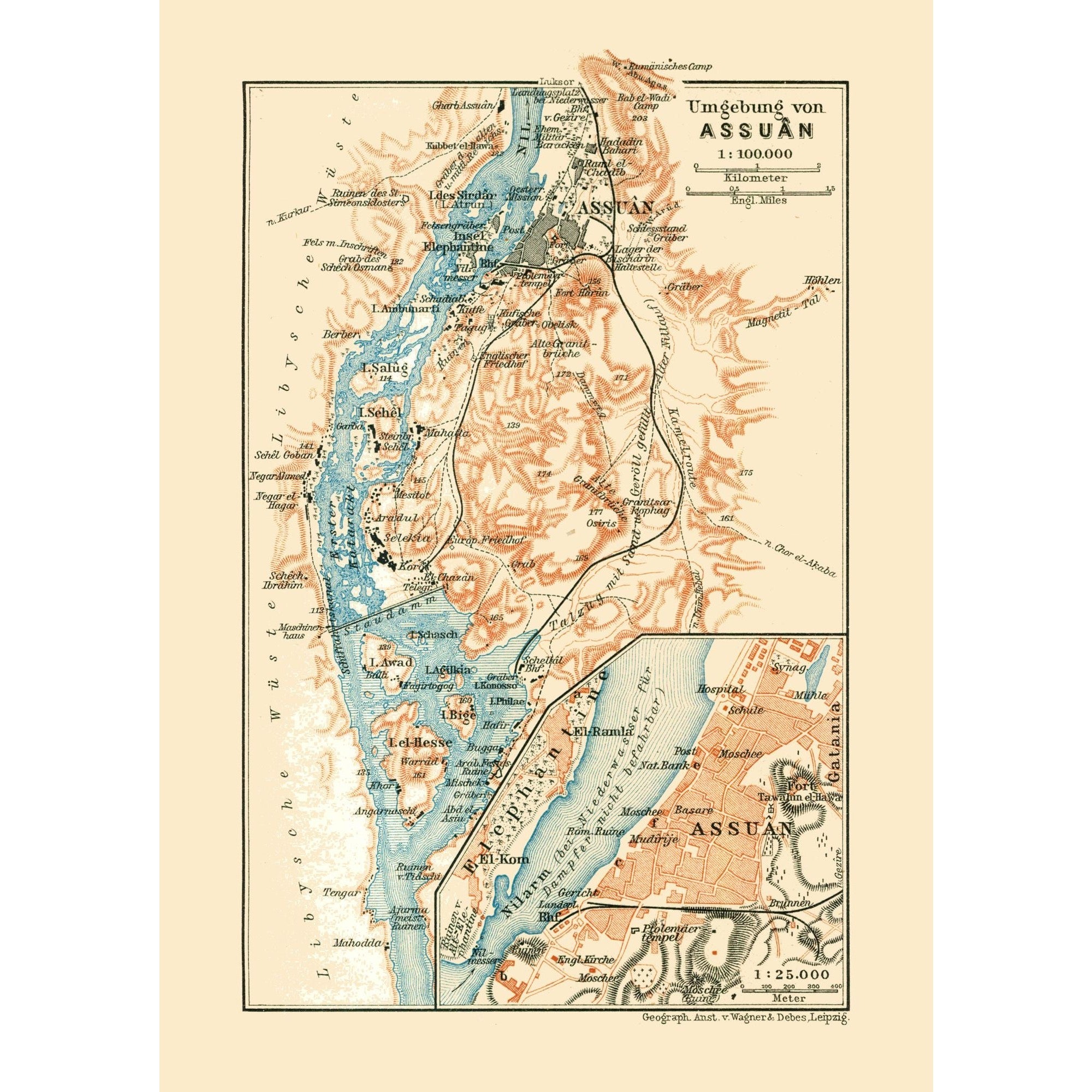 Historic Map - Aswan Egypt - Baedeker 1913 - 23 x 32.46 - Vintage Wall ...