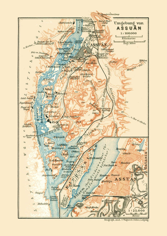 Historic Map - Aswan Egypt - Baedeker 1913 - 23 x 32.46 - Vintage Wall Art