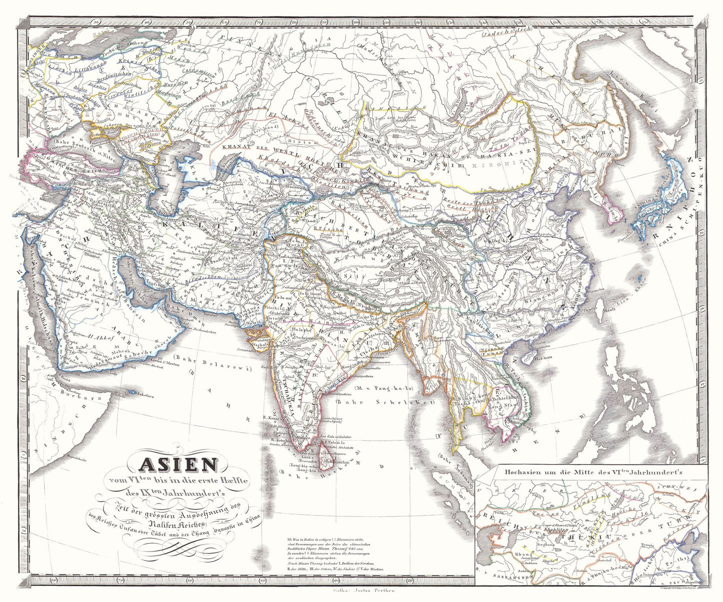 Historic Map - Asia 6th to 9th Century - Spruner 1855 - 27.60 x 23 - Vintage Wall Art