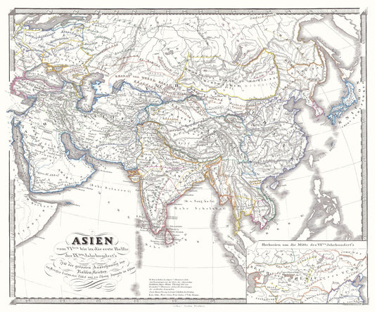 Historic Map - Asia 6th to 9th Century - Spruner 1855 - 27.60 x 23 - Vintage Wall Art