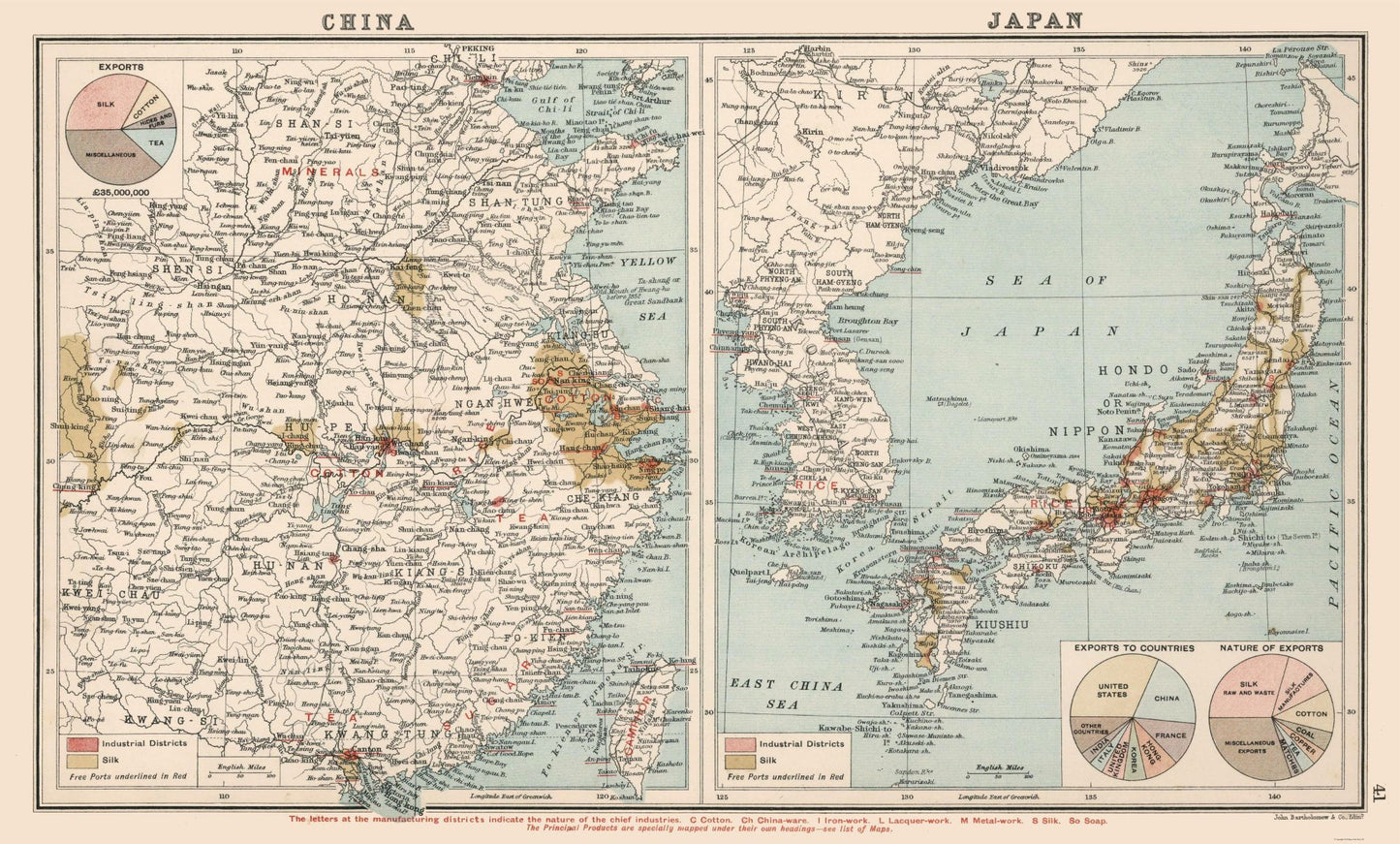 Historic Map - China Japan Exports - Bartholomew 1907 - 38.19 x 23 - Vintage Wall Art