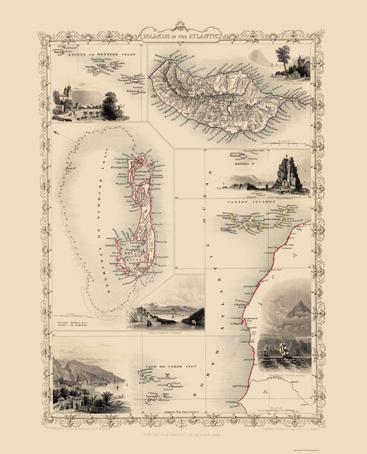 Historic Map - Atlantic Islands - Tallis 1851 - 23 x 28.45 - Vintage Wall Art