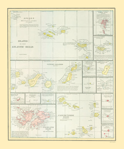 Historic Nautical Map - Atlantic Ocean Islands - Cram 1889 - 23 x 27.62 - Vintage Wall Art