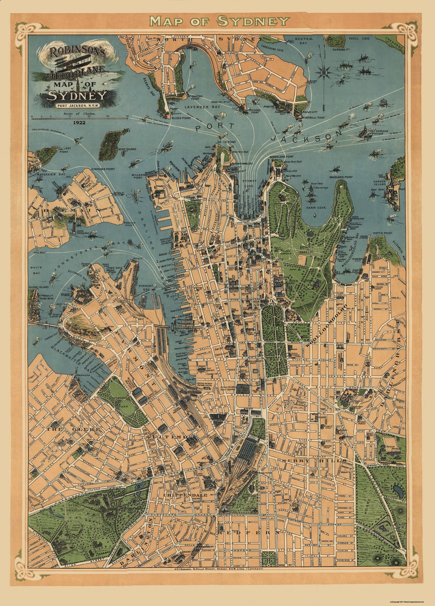 Historic Map - Sydney Australia - Robinson 1922 - 23 x 32 - Vintage Wall Art