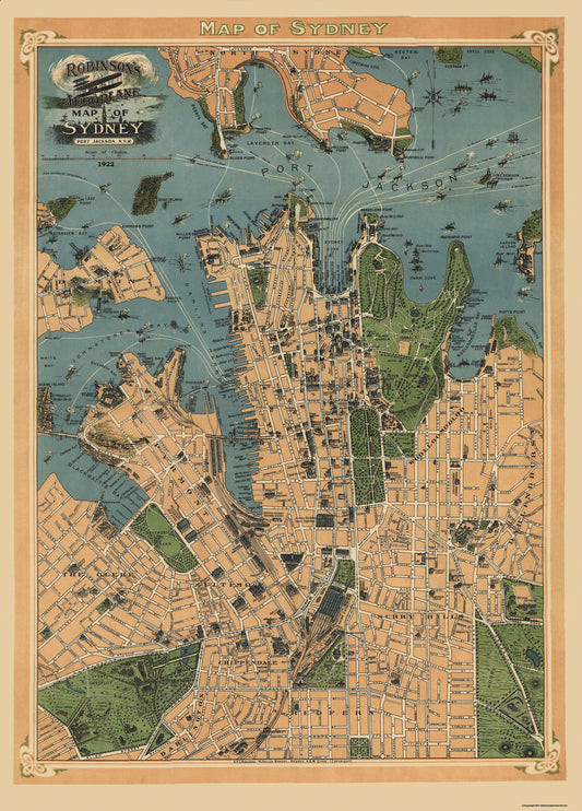 Historic Map - Sydney Australia - Robinson 1922 - 23 x 32 - Vintage Wall Art