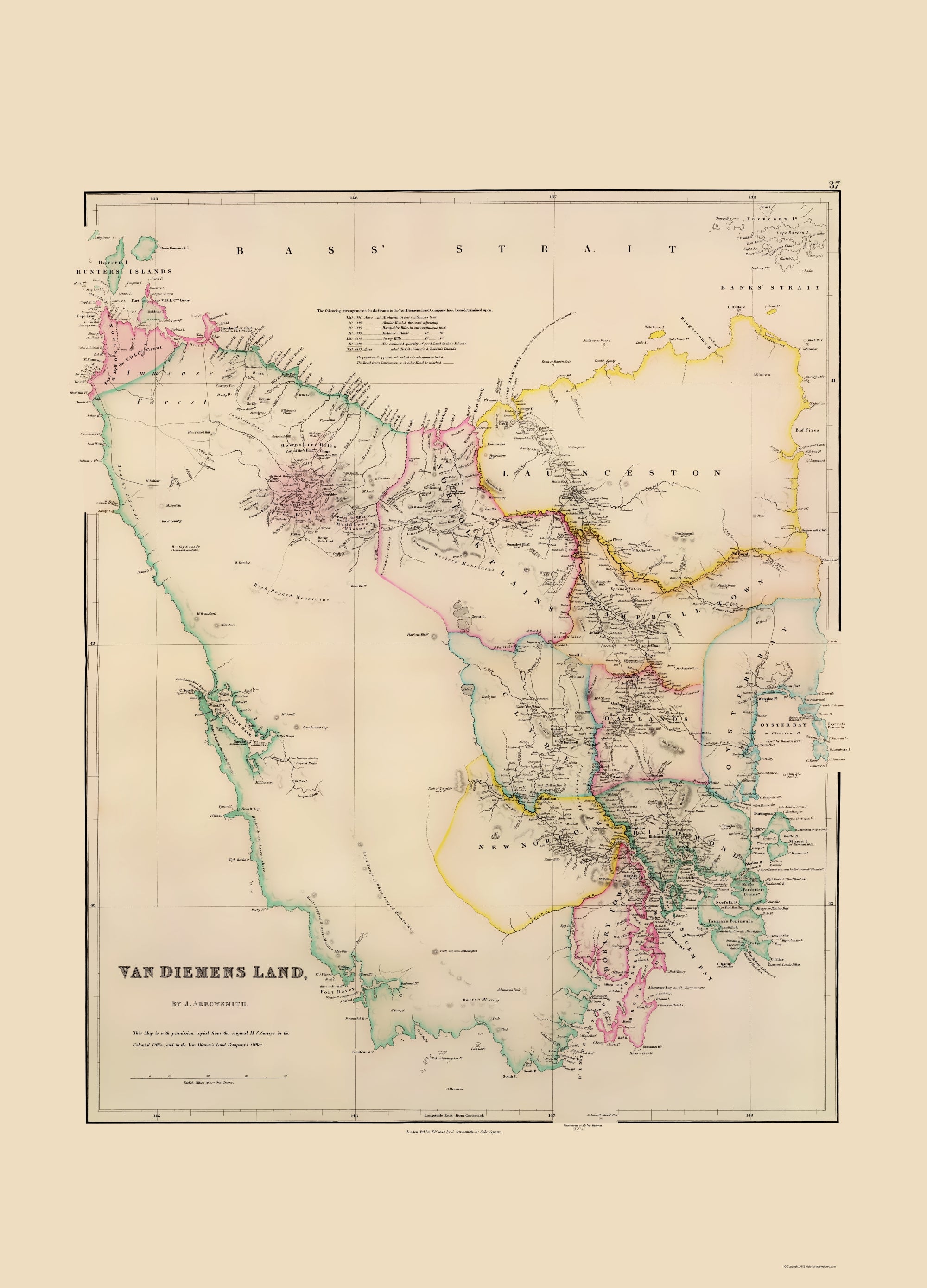 Historic Map - Van Diemens Land Tasmania Australia - Arrowsmith 1844 ...