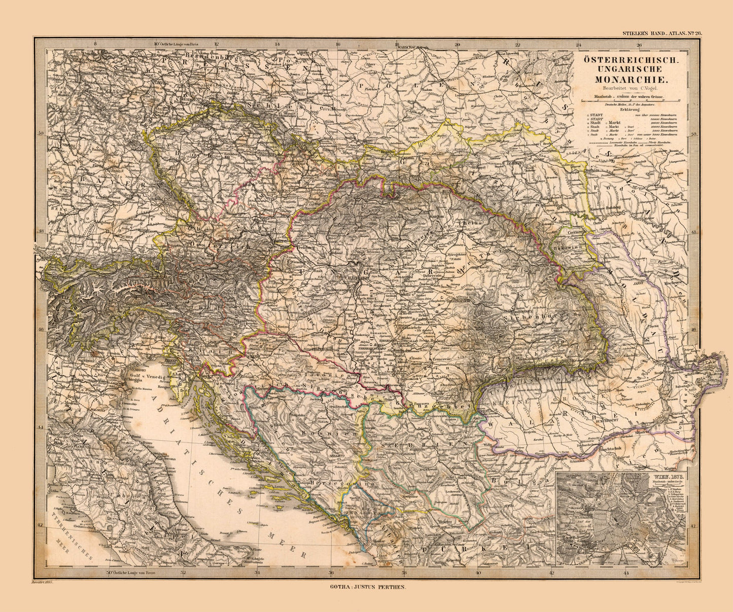 Historic Map - Austro Hungarian Empire - Stieler  1885 - 27.52 x 23 - Vintage Wall Art