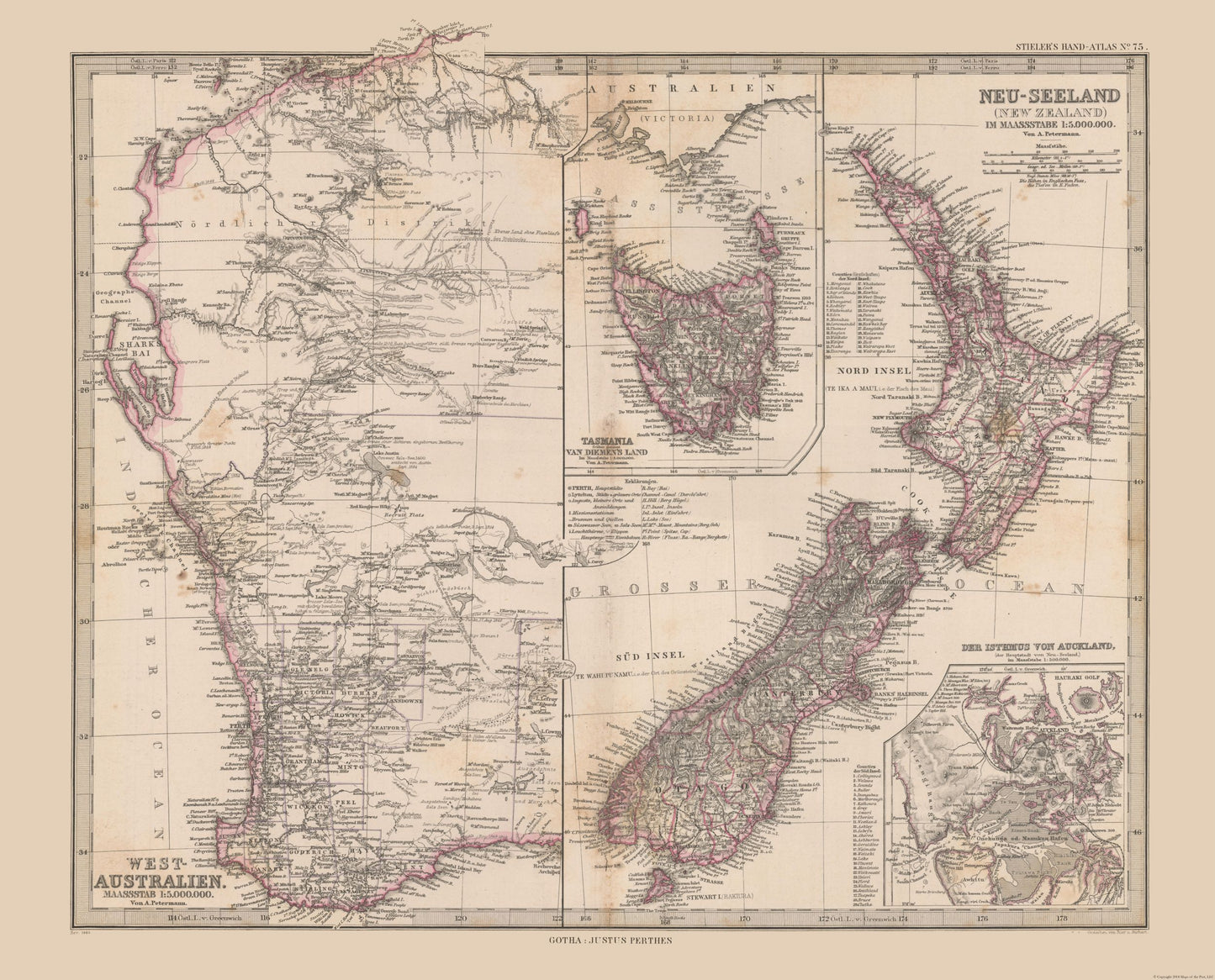 Historic Map - Australia West New Zealand - Stieler  1885 - 28.51 x 23 - Vintage Wall Art