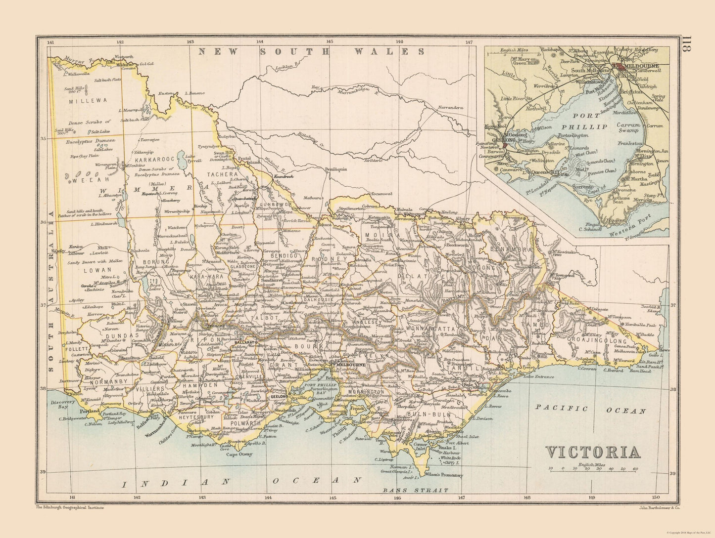 Historic Map - Victoria State Australia - Bartholomew 1892 - 30.52 x 23 - Vintage Wall Art