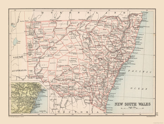 Historic Map - New South Wales Australia - Bartholomew 1892 - 30.52 x 23 - Vintage Wall Art