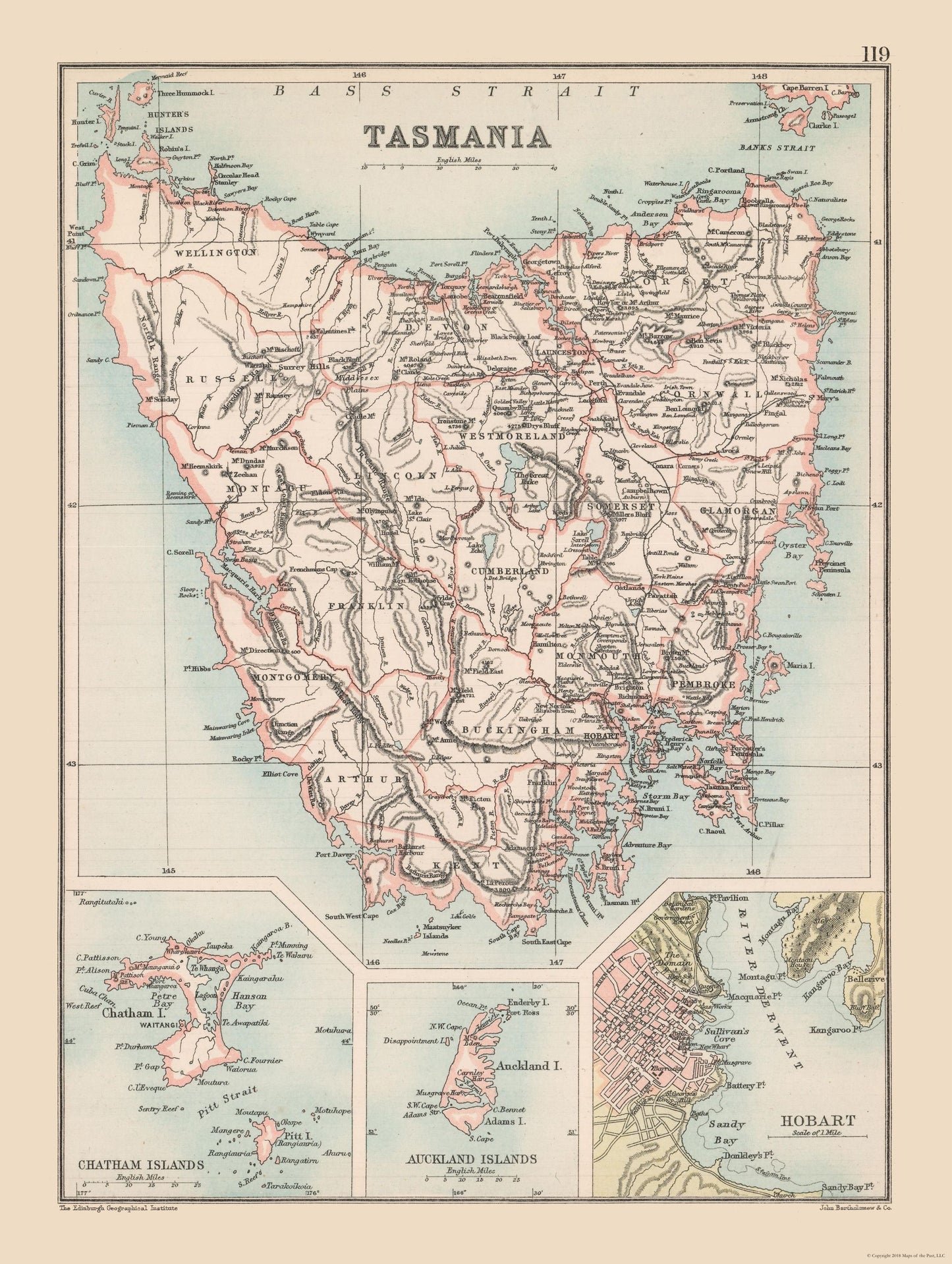 Historic Map - Tasmania Australia - Bartholomew 1892 - 30.54 x 23 - Vintage Wall Art