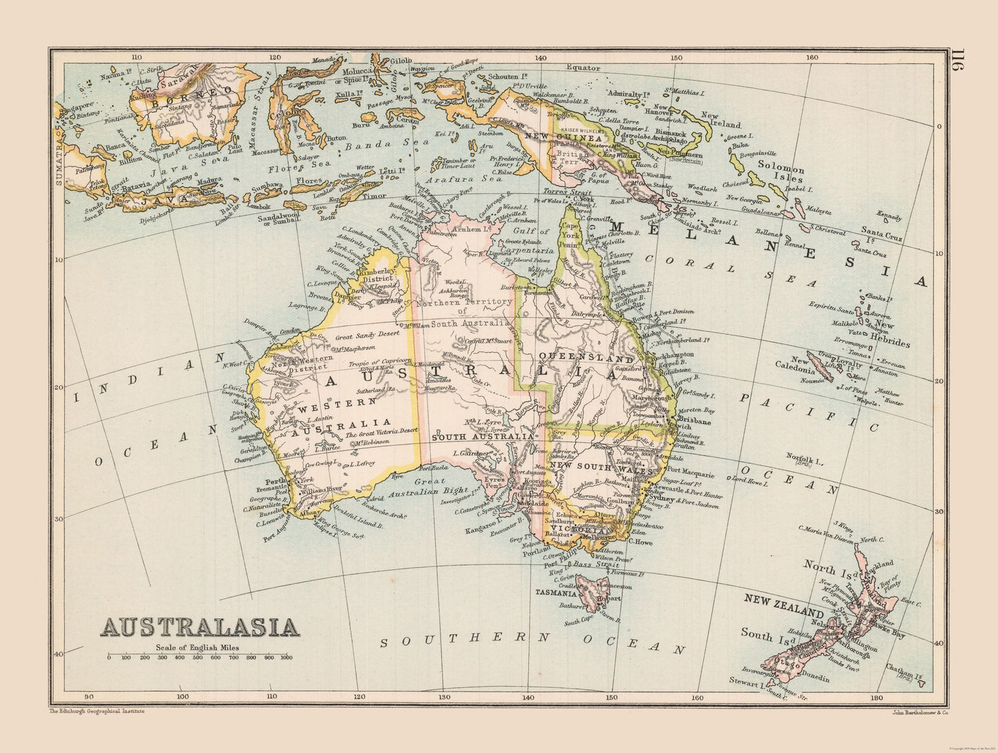 Historic Map - Australasia - Bartholomew 1892 - 30.49 x 23 - Vintage Wall Art