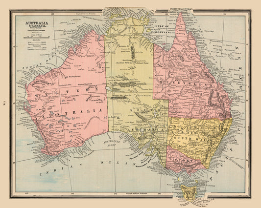 Historic Map - Tasmania Australia - Cram 1888 - 28.78 x 23 - Vintage Wall Art