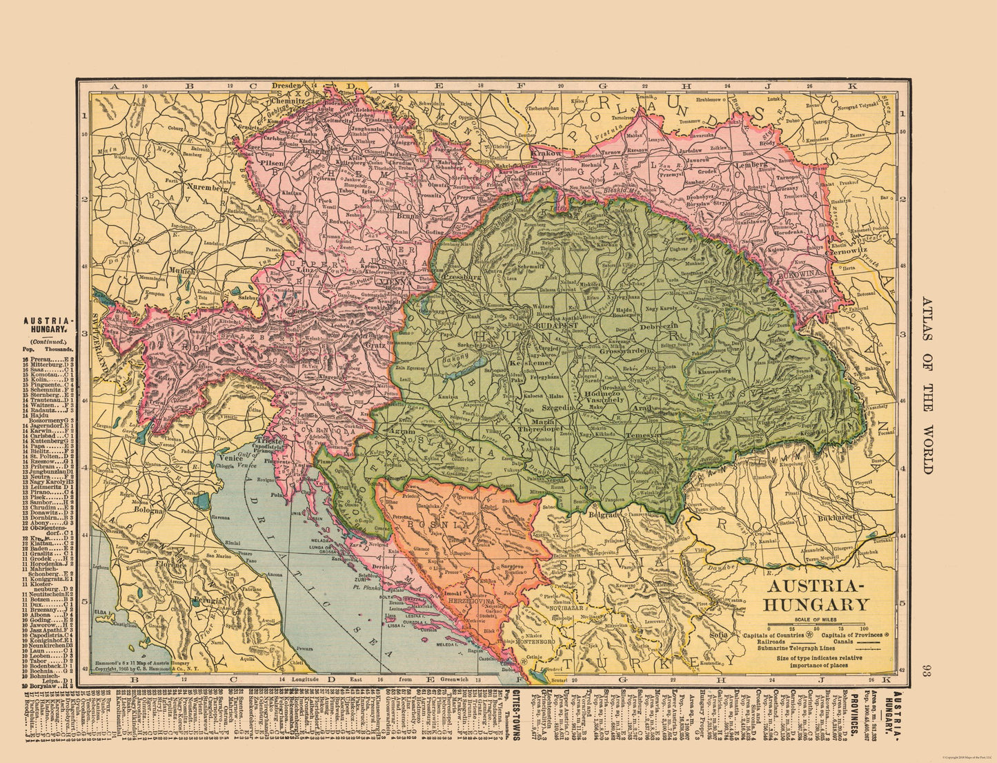 Historic Map - Austria Hungary - Hammond 1910 - 30.08 x 23 - Vintage Wall Art