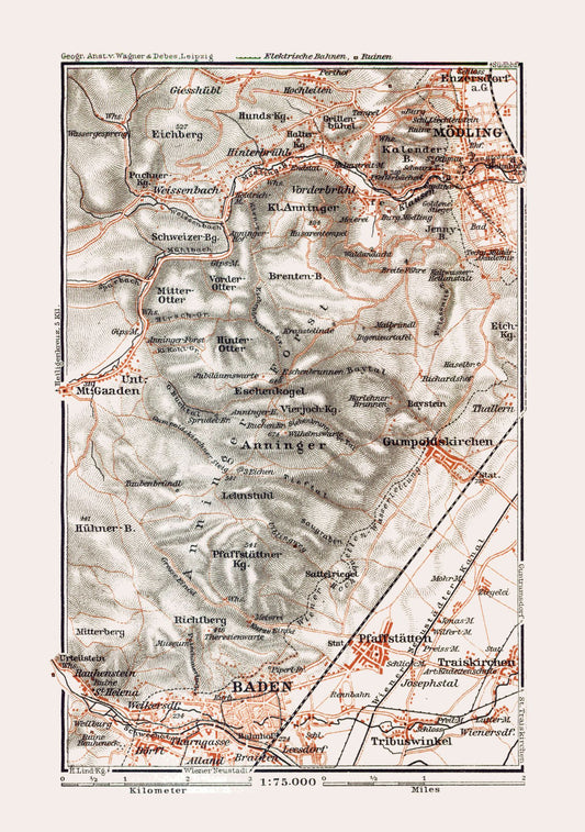 Historic Map - Baden Modling Austria - Baedeker 1910 - 23 x 32.65 - Vintage Wall Art