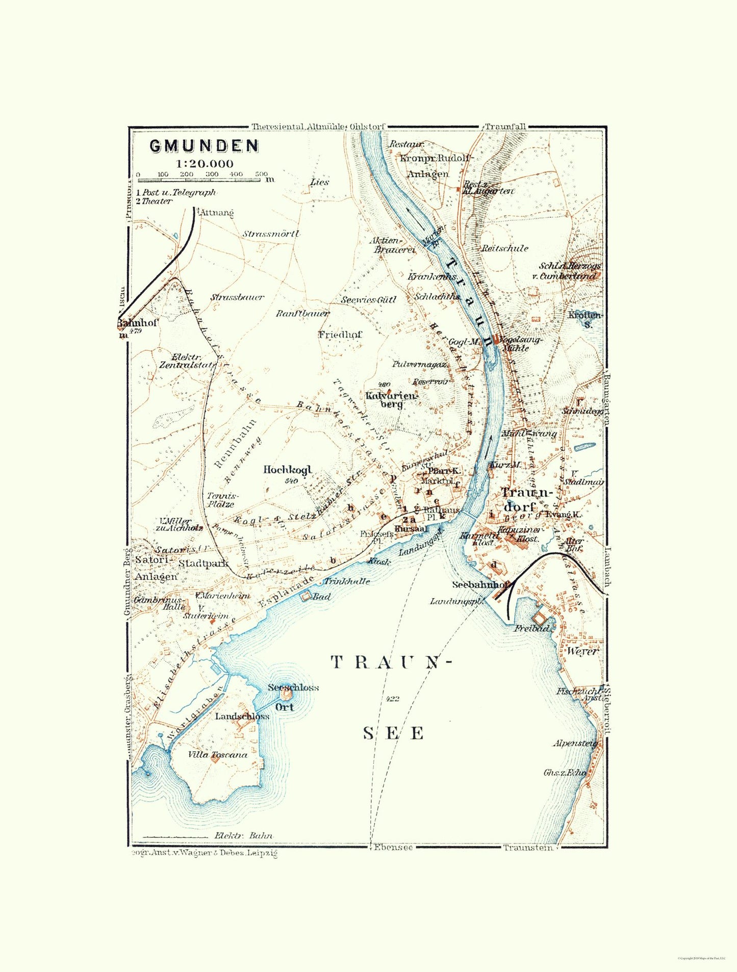 Historic Map - Gmunden Austria - Baedeker 1910 - 23 x 30.35 - Vintage Wall Art