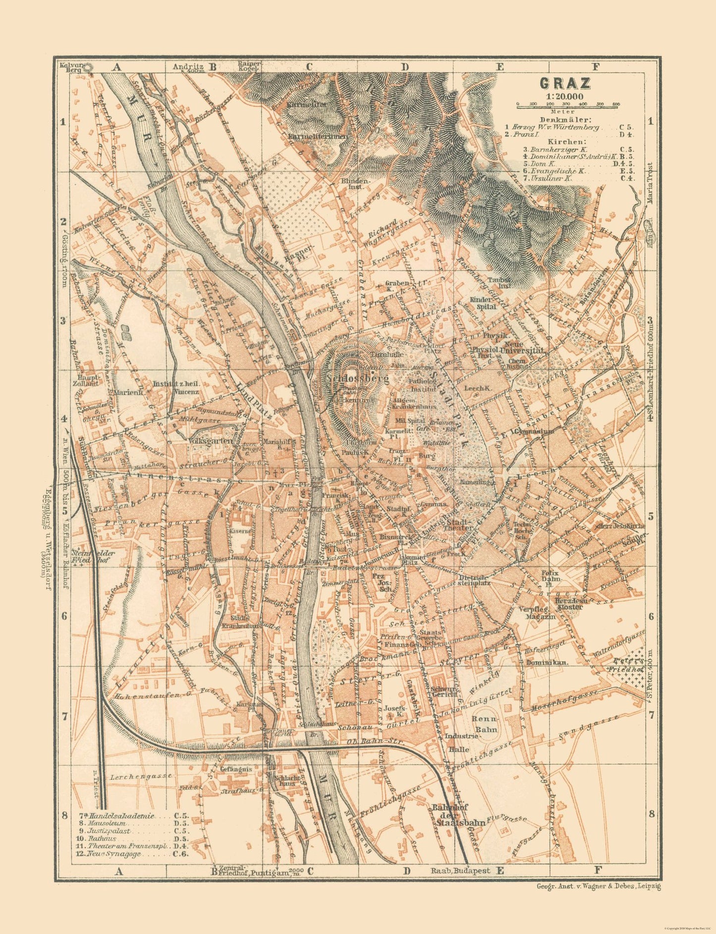 Historic Map - Graz Austria - Baedeker 1910 - 23 x 30.03 - Vintage Wall Art