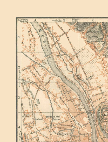 Historic Map - Graz Austria - Baedeker 1910 - 23 x 30.03 - Vintage Wall Art