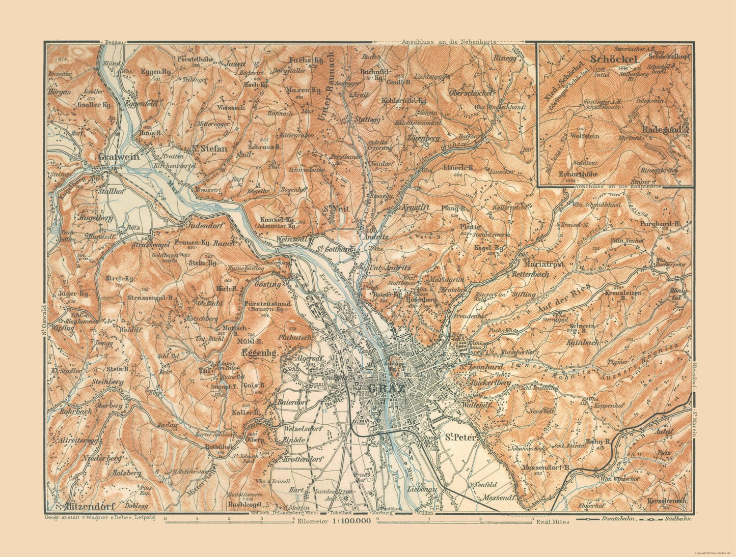 Historic Map - Graz Austria - Baedeker 1910 - 30.37 x 23 - Vintage Wall Art